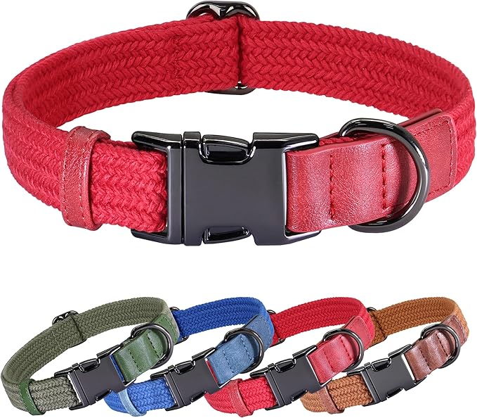PET ARTIST Soft Cotton Dog Collar for Medium Dogs in Glamorous Red, Simple Dog Collar with Quick Release Metal Buckle & D Ring, M Size (13-21")