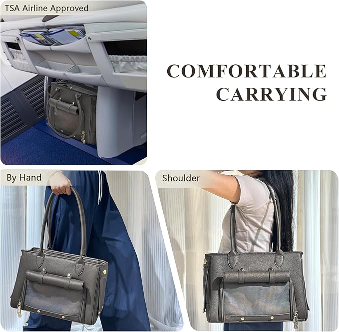 Minsong Fashion Pet Carrier Purse for Small Cat and Dog, Luxury Pu Soft-Sided Tote Bag with Large Pockets for Dogs and Puppies (Black, 13.6" L x 6" W x 10.0" H)