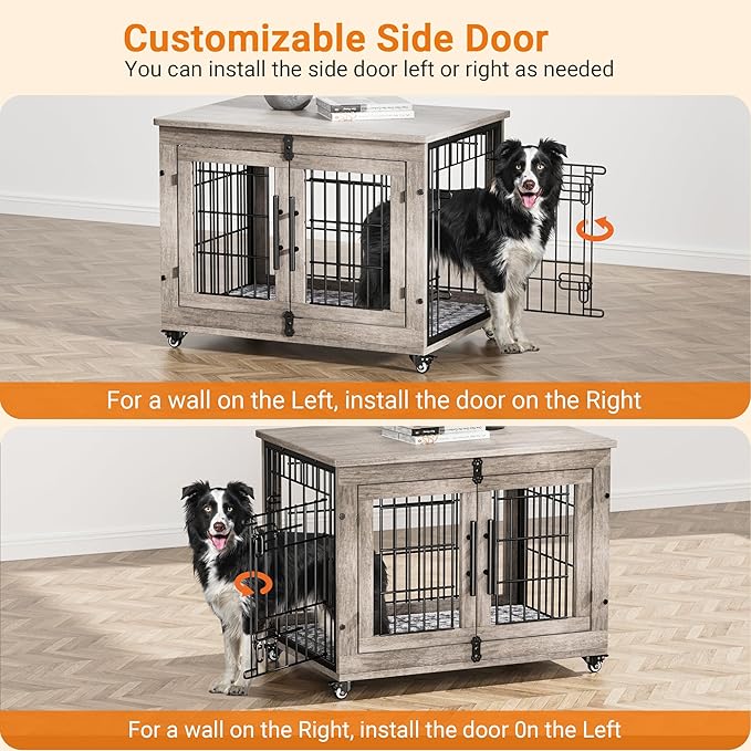 Lulive Dog Crate Furniture Set of 2, Dog Kennel Indoor Double Doors Wooden Dog Cage, 32'' Heavy Duty Dog Crate with Cushion & Wheels, End Table Pet House Chew-Resistant Up to 45 lb, Grey