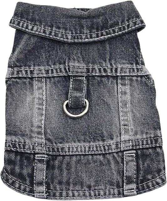 Puppy Clothes for Small Dogs Boy,Classic Western Denim Dog Coat,Dog Jeans Jacket with Leash D-Ring,Pet Cat Costumes,Cooling Harness Vest for Walking (Black, X-Small)