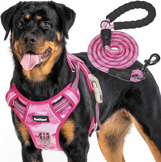 Heavy Duty Tactical Dog Harness for Large Dogs, No Pull Adjustable Pet Harness Reflective Service Training Easy Control Pet Vest Military K9 Working Dog Harnesses-X- Large, Pink Camo