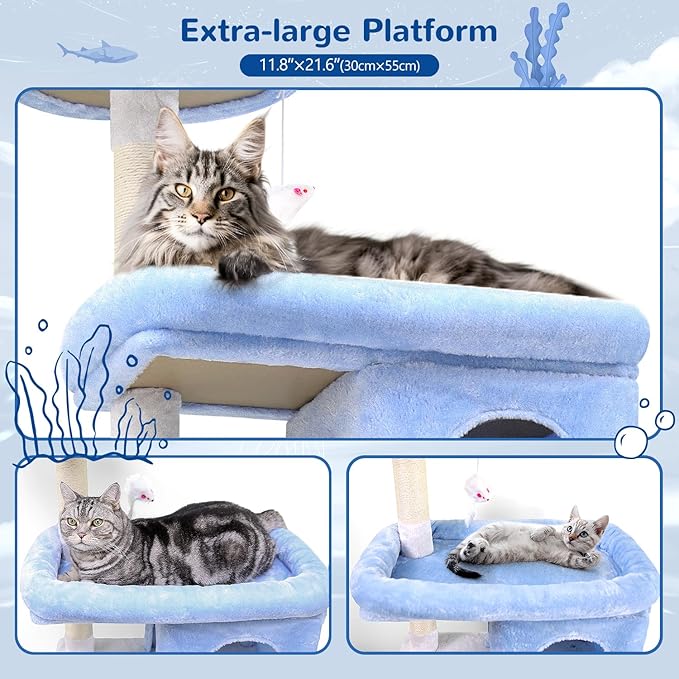 Globlazer Heavy Duty Cat Trees for Large Cats, Sturdy 72in Maine Coon Cat Tree for Large Cats 20 lbs+ Heavy Duty Cat Tower for Adult Biggest Cat with 6 Scratching Posts, Hammock, S72, Ocean Blue