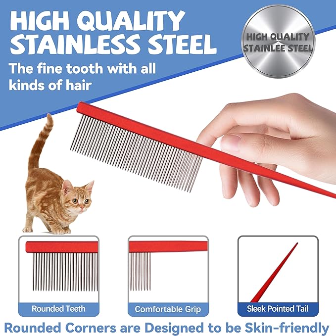 Grooming Pet Comb Rat Tail Dematting Cat and Dog Comb，Rounded Ends Design for Safe Tangle Removal, Hairstyling, Massage，Loose Hair Removal，Prevent Irritation，Fluffing Paws,Face,Tail,Remove Tear Stain