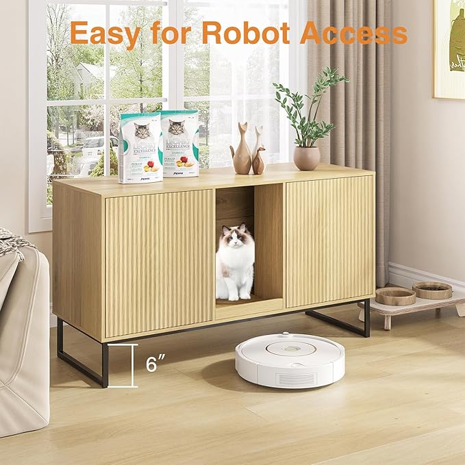 Litter Box Enclosure for 2 Cats, Fluted Hidden Cat Litter Box Furniture with Scratch Pad and Metal Legs, Modern Double Room Kitty House for Living Room, Washroom, 47.2”L x 17.7”W x 25.9”H, Natural