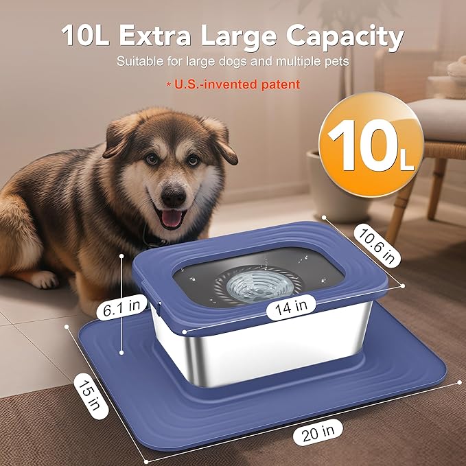Decflow 10L Stainless Steel Dog Water Bowl, No Spill Anti-Splash Dog Bowls with XXL Silicone Mat, Spill-Proof Slow Feeder for Messy Drinkers, Heavy Duty Pet Bowls for Indoor/Outdoor Use Blue