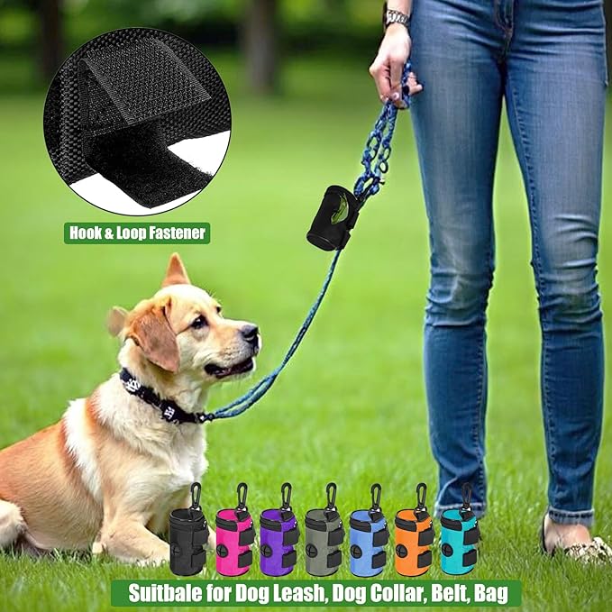 Dog Poop Bag Holder for Leash Attachment - Waste Bag Dispenser for Leash - Fits Any Dog Leash - Portable Set with Hand Free Holder Metal Carrier, Black Round Shape
