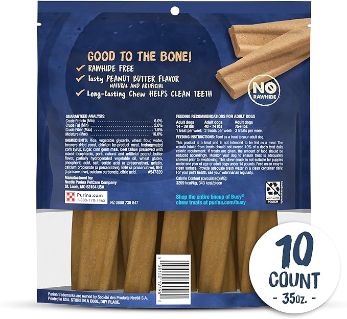 Purina Busy Bone Made in USA Facilities, Long Lasting Small/Medium Breed Adult Dog Chews, Peanut Butter Flavor - 10 ct. Pouch (Pack of 2)