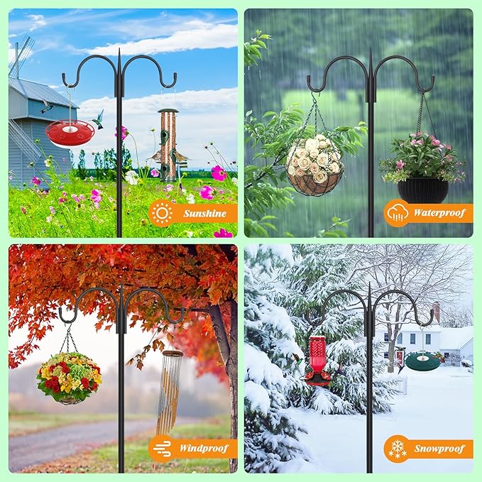 FEED GARDEN Adjustable Double Shepherds Hook for Outdoor with 5 Prong Base 108 Inch Heavy Duty Two Sided Bird Feeder Pole for Hanging Plant Baskets, Solar Light Lanterns, Wind Chimes 2 Pack