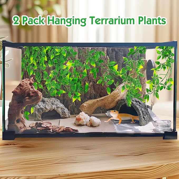 Hamiledyi Reptile Plants, 2 Pack Hanging Terrarium Plants Vines, Fake Amphibian Plants, Artificial Leaves Habitat Decorations with Suction Cup for Bearded Dragon Lizard Geckos Chameleon