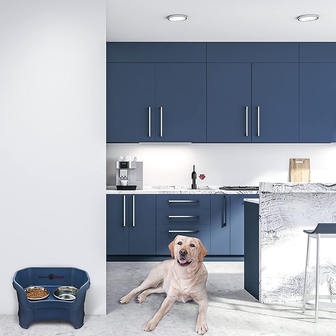 Neater Pet Brands Neater Feeder Deluxe Mess Proof Dog Bowls Elevated for Large Dogs Over 40 lbs, Made in USA, No Spill Raised Dog Food Bowl Stand Feeding Station, Food and Water Bowl Set, Dark Blue