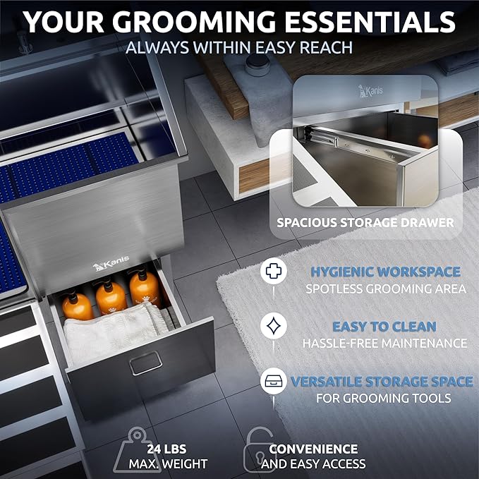 KANIS Professional Stainless Steel Dog Bathing Station - Grooming Tub w/Ramp, Storage Drawer, Floor Grate & Faucet/Dog Bathtub for Large, Medium & Small Pets (40", 1 Drawer - Left RAMP)