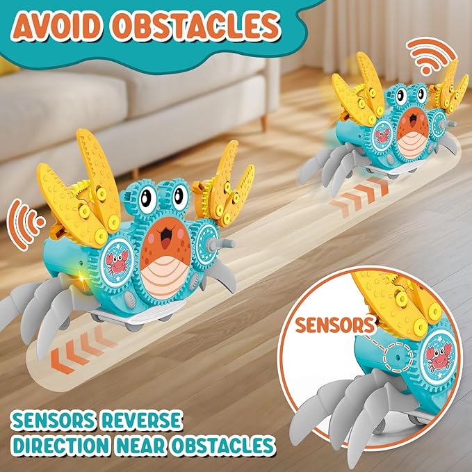 Alritz Crawling Crab Baby Toy, Developmental Tummy Time Toys for Crawling, Walking Crab Toy DIY Gear-building, with Sensory Light-Up, Dancing Crab Toys for Infant Boys Girls 3-6 6-12 36 Months Age 3 +