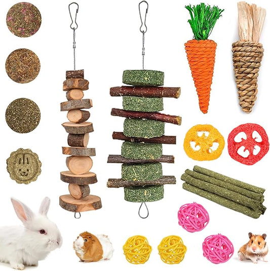 Grddaef 20 PCS Bunny Chew Toys for Teeth, Natural Rabbit Toys Apple Wood Grass Timothy Sticks Chew and Treat for Guinea Pigs Hamster Chinchillas
