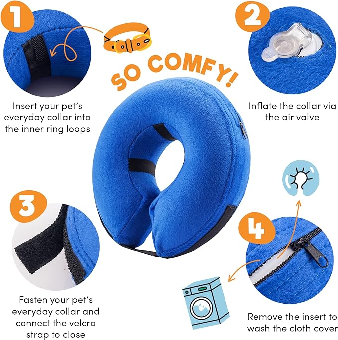 BENCMATE Inflatable Dog Cone Collar Alternative, Soft Dog Cone for Small Medium Large Dogs and Cats, Neck Recovery ECollar Donut Collar After Surgery (Large+, Donut-Blue)