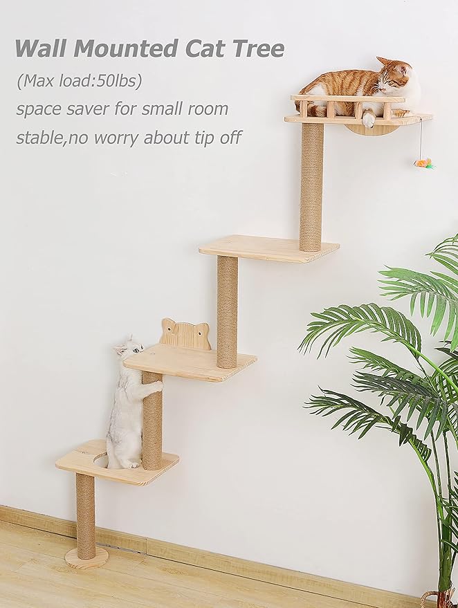 Cat Tree Wall Mounted with 4 Levels Shelves, 73" Wood Corner Tower Inside Kitten Scratching Post for Climbing,Perching and Lounging (Left to Right)