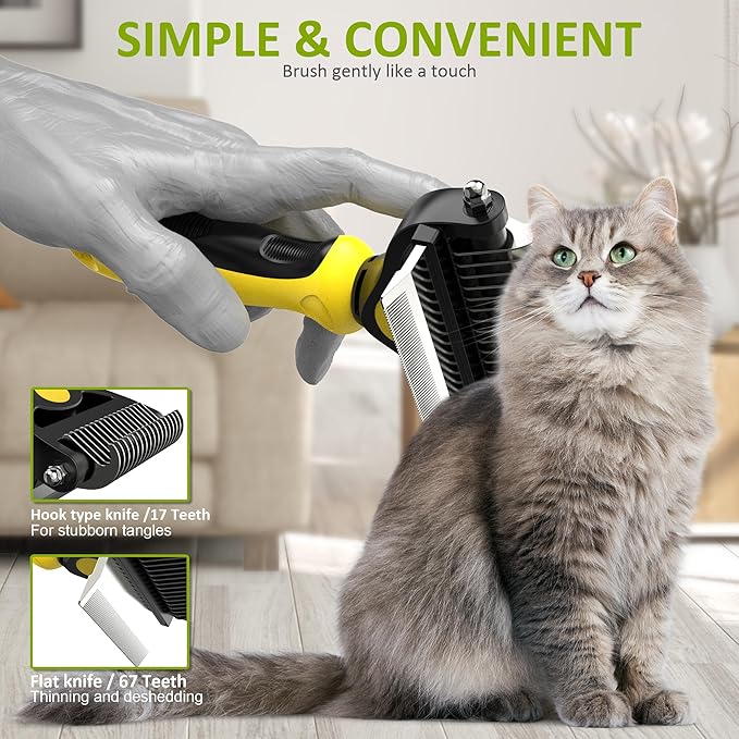 Spring Blossoms-2 in 1 Professional Grooming Rake for Cats & Dogs-Dematting Comb for Easy Mats & Tangles Removing,Pet Brush Safe No More Nasty Shedding and Flying Hair (Lemon Yellow)