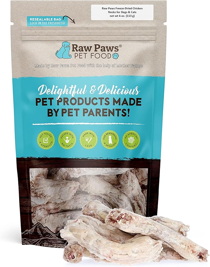 Raw Paws Freeze-Dried Chicken Necks for Dogs & Cats (4-Ounce) - Made in USA - Raw Freeze Dried Dog Treats - Chicken Necks for Cats - Single Ingredient Chews