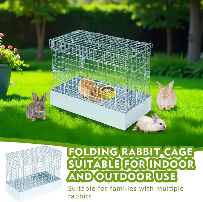 Folding Rabbit Cage, 18 x 10 x 14 in Portable Bunny Carrier with Tray and Handles for Transport, Travel or Temporary Housing, Indoor Outdoor Pet Habitat Animal Enclosure