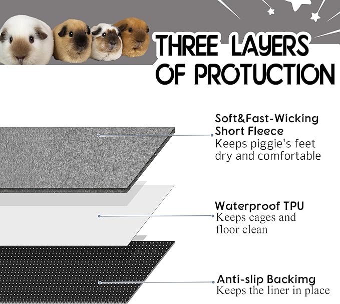 Guinea Pig Cage Liner, 2 Pack - Washable, Reusable, Leakproof Fleece Bedding Pads for Small Animals with Anti-Slip Bottom - for Midwest Cage/24''X36'' Area, Gray