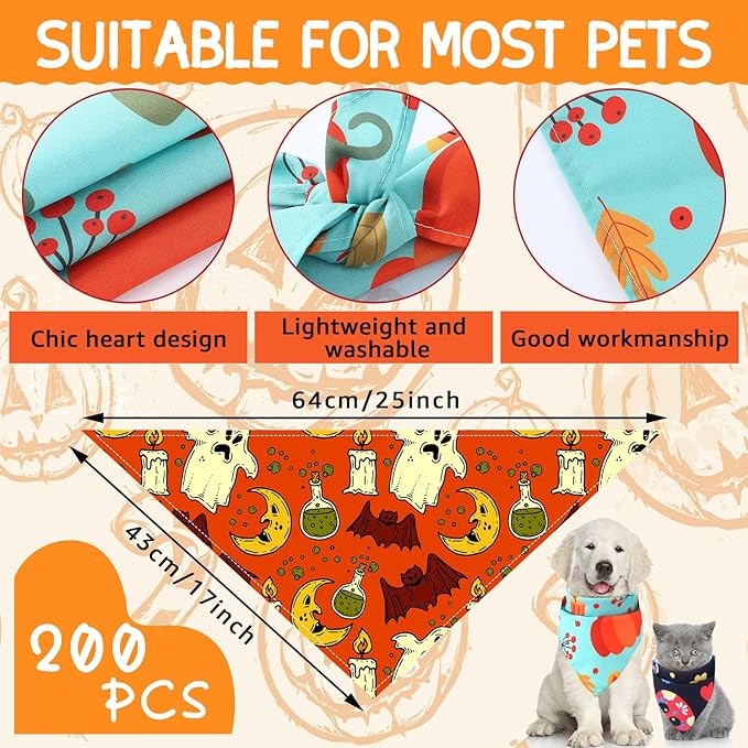 100 Pcs Halloween Dog Bandanas Bulk Pet Bibs Colorful Triangle Scarf Pet Bandanas for Medium Large Dogs Halloween Party Costume Decor