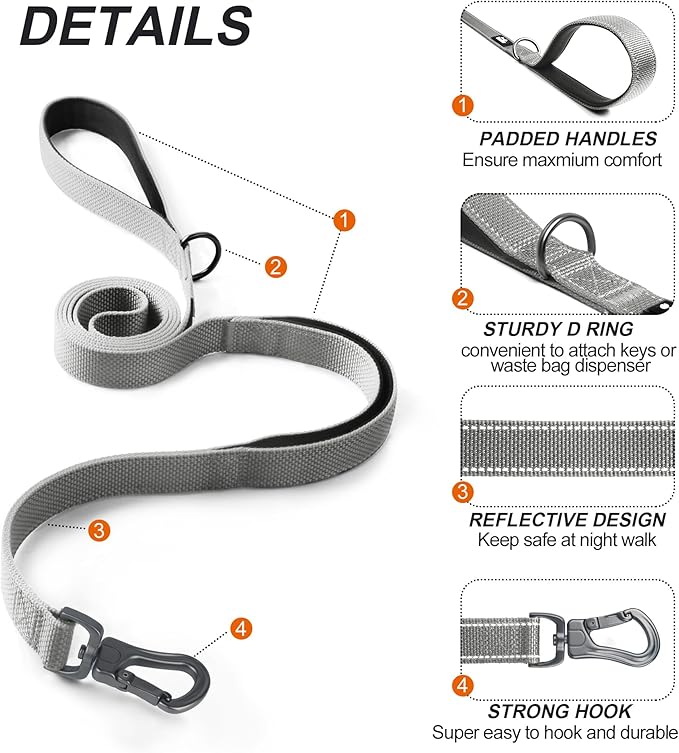 TwoEar 5FT 1IN Strong Gray Dog Leash with 2 Padded Handles, Traffic Handle Extra Control, Comfortable Soft Dual Handle, Auto Lock Hook, Reflective Walking Lead for Small Medium and Large Dogs