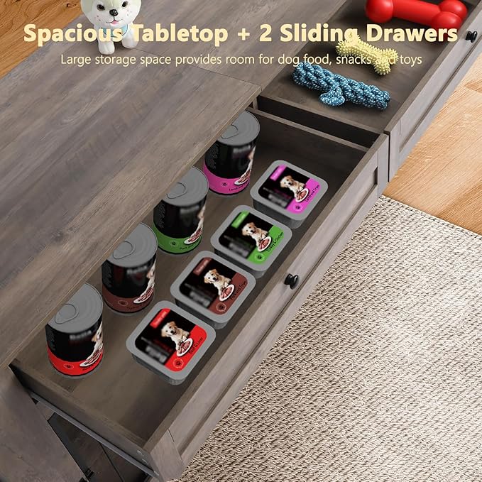 Large Dog Crate Furniture-Decorative Heavy Duty Dog Cage Indoor, Wooden Dog Cage End Table with Charging Station, Dog House with 2 Drawers (Gray, 70.86''L)