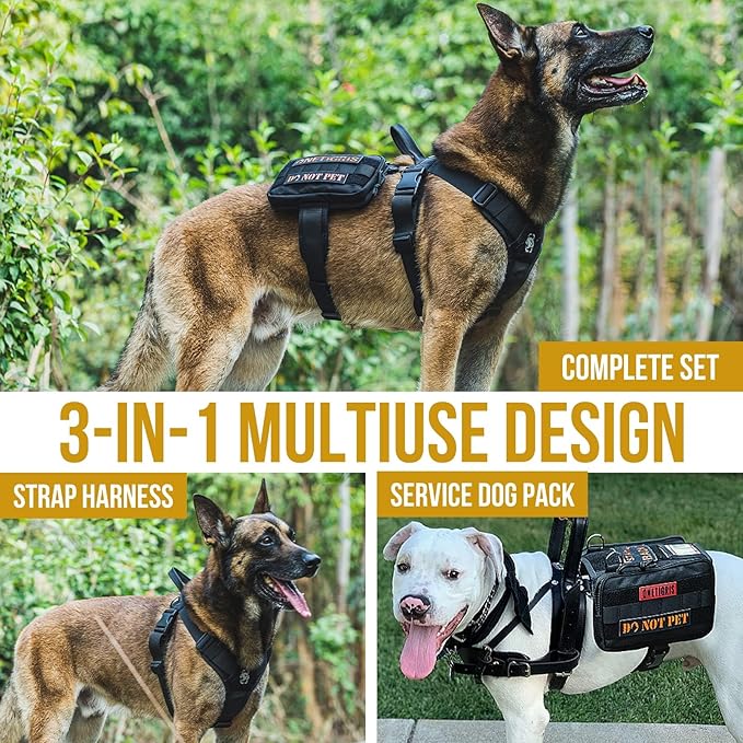 OneTigris Service Dog Vest Harness, Service Dog Cape Guardian Dog Backpack Harness with Pouches Dog Saddle Bag for Small Medium and Large Dogs (Black, Large)