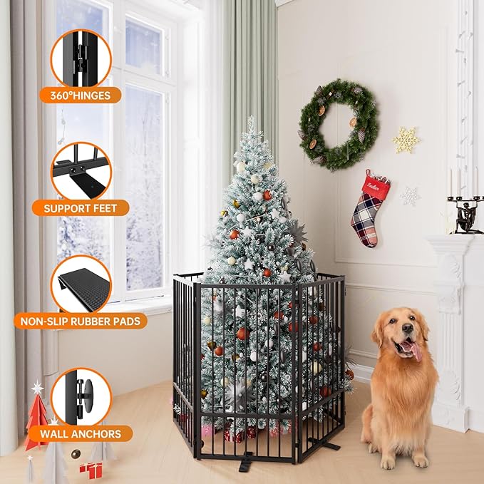 Full Metal Freestanding Dog Gate with Door, 36''Height Foldable Pet Dog Fence for Indoor & Outdoor, 6 Panels Extra Wide Free Standing TallDog Gates for Doorways,House,Stairs,Porch,Deck,Yard