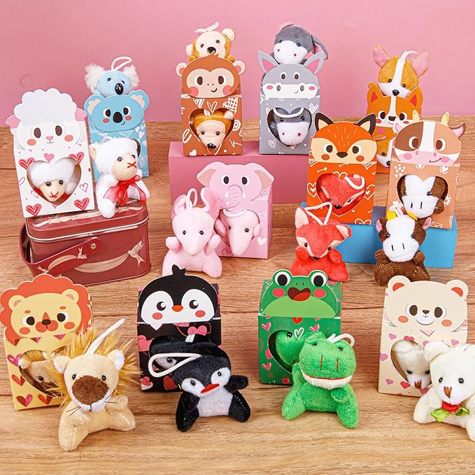Sofier Valentines Day Gifts for Kids Classroom 24 Pack Card Boxes with Heart Window Mini Animal Toys Keychains Bulk for Boys Girls Classroom Exchange Party Favor School Teacher Student