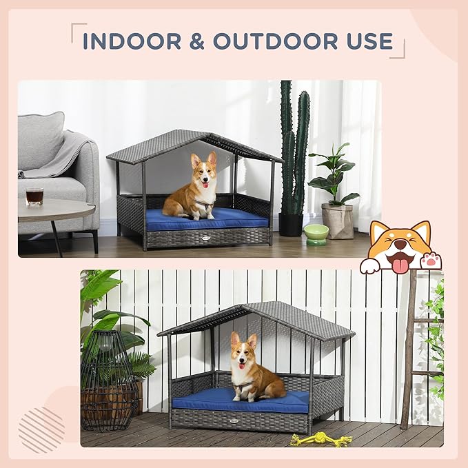 PawHut Wicker Dog House Outdoor with Canopy, Rattan Dog Bed with Water-Resistant Cushion, Raised Dog Bed for Small, Medium Dogs up to 66 lbs, 19.75" in Length, Gray Wicker, Dark Blue Cushion