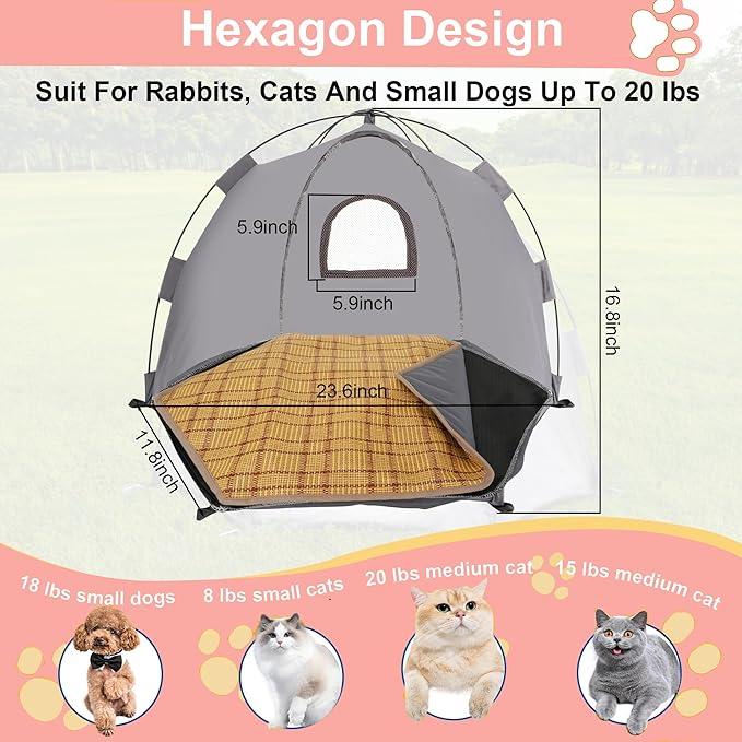 Yanvega Cat Tent Cat Beds for Indoor Cats Pet Supplies, 23.6" × 23.6" × 16.8" Cat Pop Up Tent Collapsible Cat House Cat Cave Outdoor, No Assemble Required High Elastic Frame with Ground Nail （Gray）