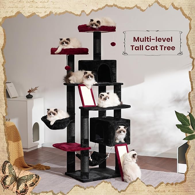 Cat Tree for Indoor Cats, 71'' (180cm) Multi-Level Cat Tower for Large Adult, Gothic Sturdy Cat Tree House with 2 Scratching Boards 7 Posts, 2 Plush Perches/Condos, Hammock, Black GCT032BR