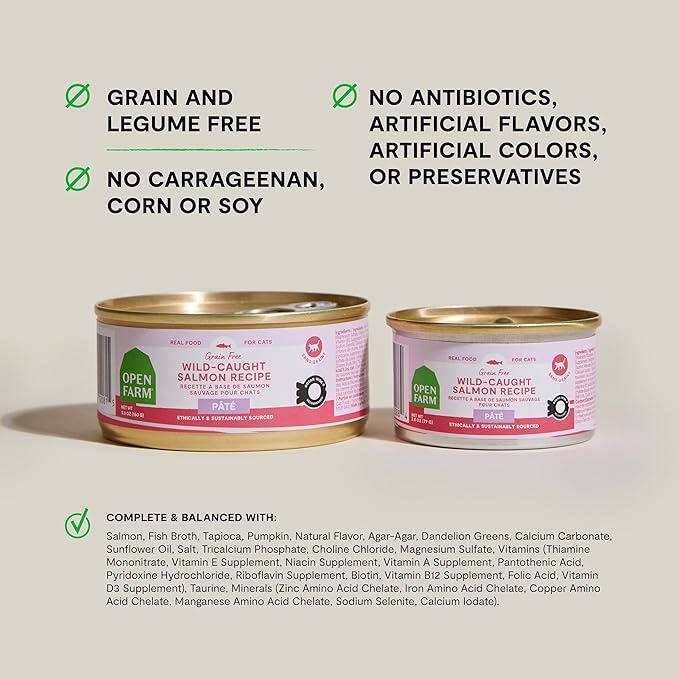 Open Farm Canned Cat Food, Paté for Complete & Balanced Nutrition, Grain-Free and Legume-Free Wet Cat Food, Salmon Recipe, 2.8oz Cans (Case of 18)