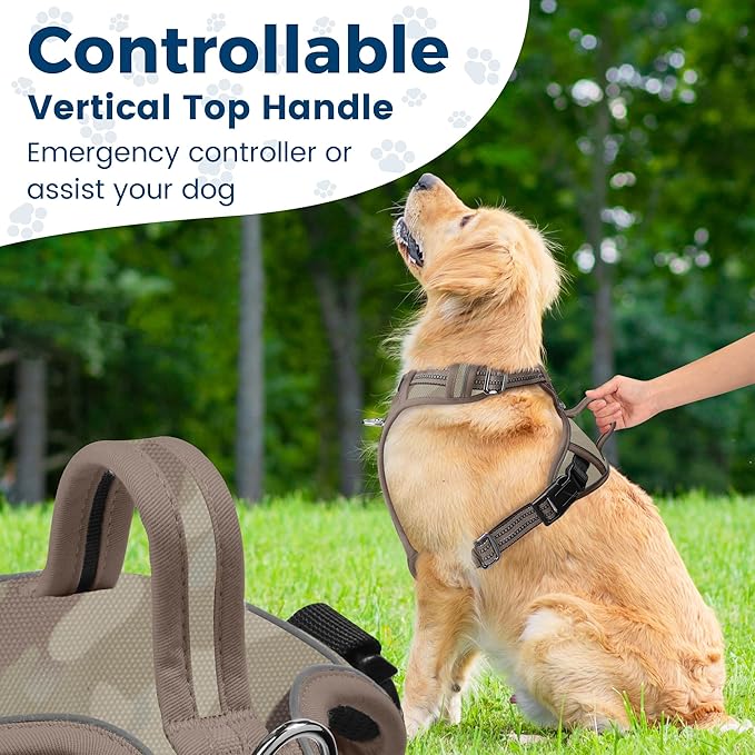 Funfox Dog Harness No Pull, Adjustable Pet Vest Harness, Super Soft Material with Vertical Handle Easy Control, Reflective Night Walking, 2 Leash Clips for Large Dogs, Camo Brown, L