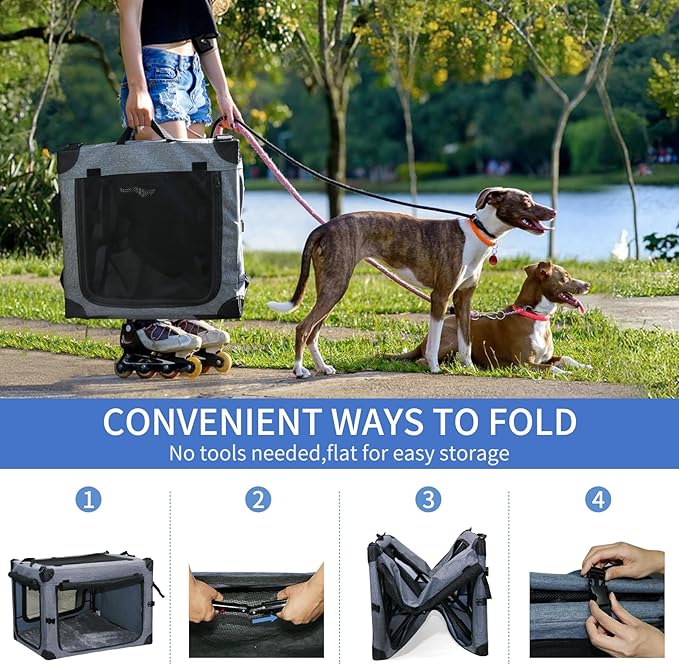 NEZUC Soft Collapsible Dog Crate - 30 Inch Portable Soft Sided Travel Dog Crates for Medium Dogs, 4-Door Foldable Dog Carrier, Pet Kennel Indoor & Outdoor (Gray, 30.0" L x 20" W x 20.0" H)