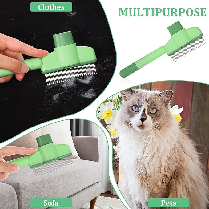 Flea Comb for Cats Dogs Brush for Shedding with Release Button Fine Tooth Pet Hair Removal Comb with Long & Short Stainless Steel Teeth for Deshedding Self-Cleaning Brush for Cat Dog Small Pets