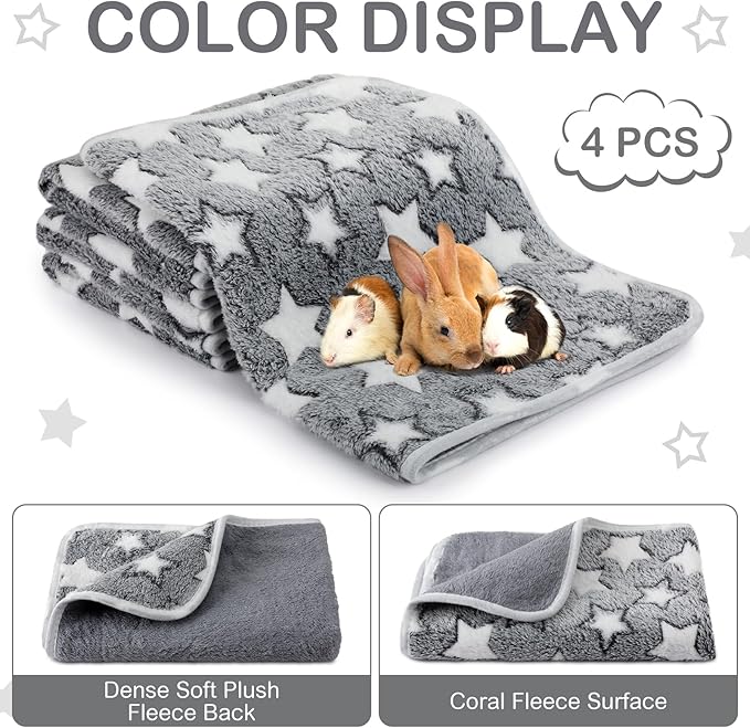 Reginary 4 Pcs Waterproof Guinea Pig Blankets Washable Small Animal Fleece Bedding Absorbent Guinea Pig Cage Liners Reusable Pet Pee Pad Sleep Mat for Hamster Ferret (Gray Star,24 x 16 Inch)