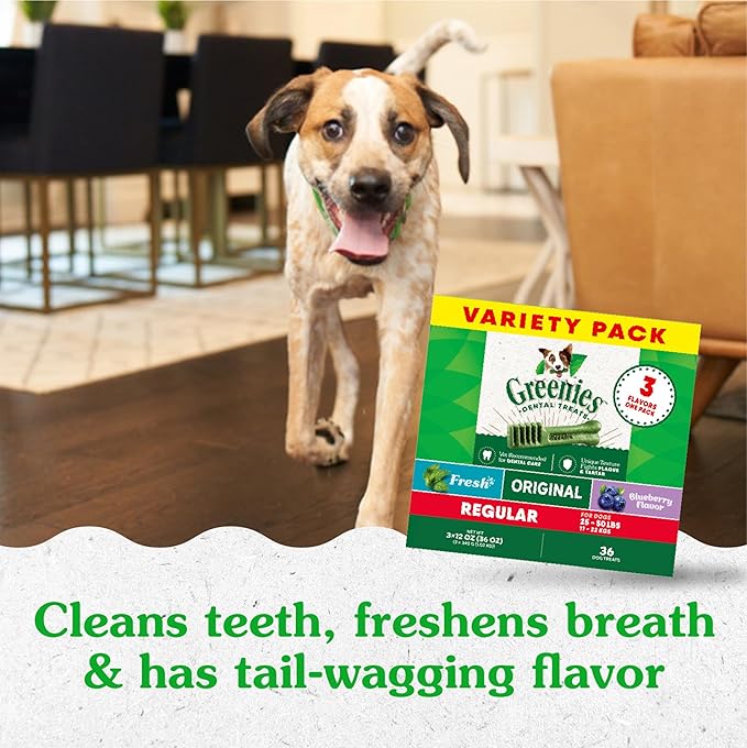 Greenies Regular Dental Dog Treats, 3-Flavor Variety Pack, (3) 12 oz. Pouches, 36 Total Treats