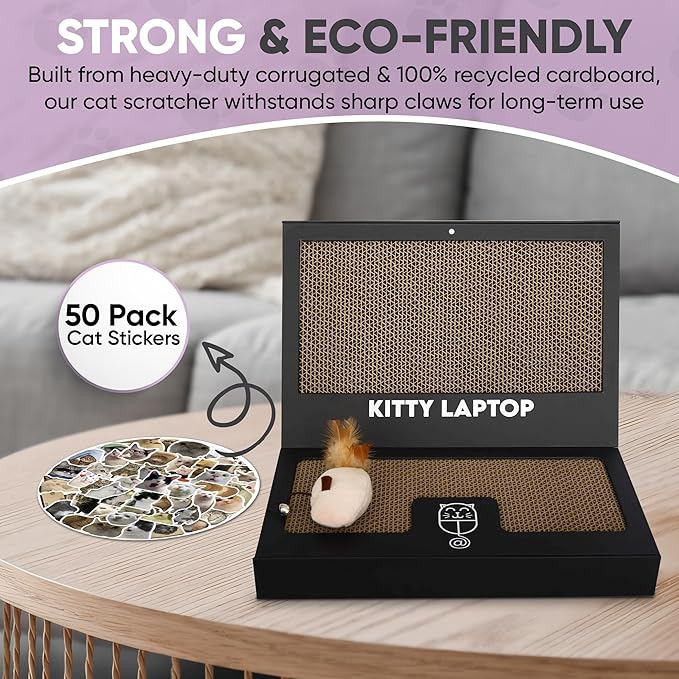 Toy Cat Laptop with 2 Scratchboards + Catnip Mouse Toy for Cats + 50pack Cat Sticker - Interactive Eco-Friendly Cat Computer with Scratch Pad Laptop for Cats - Mini Cat Laptop