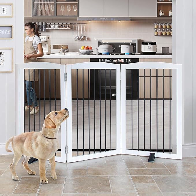 Foldable Wooden Freestanding Dog Gate - 32" H, 3 Panels, Stairs/Doorways, Support Feet Included, White