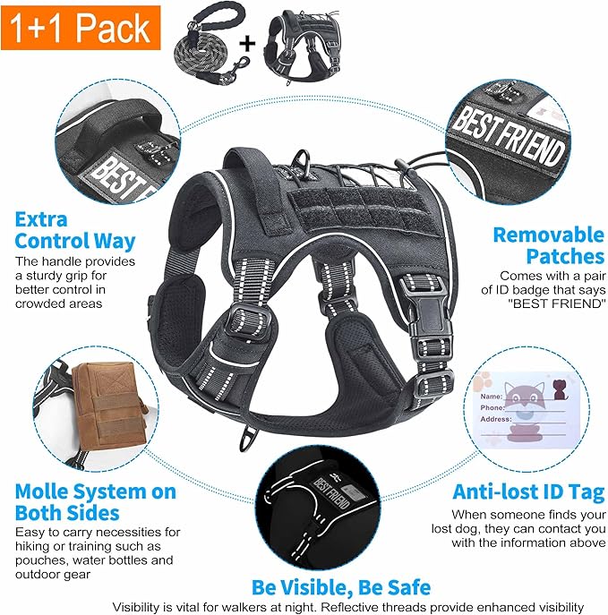 Heavy Duty Tactical Dog Harness for Large Dogs, No Pull Adjustable Pet Harness Reflective Service Training Easy Control Pet Vest Military K9 Working Dog Harnesses-X- Large, Black