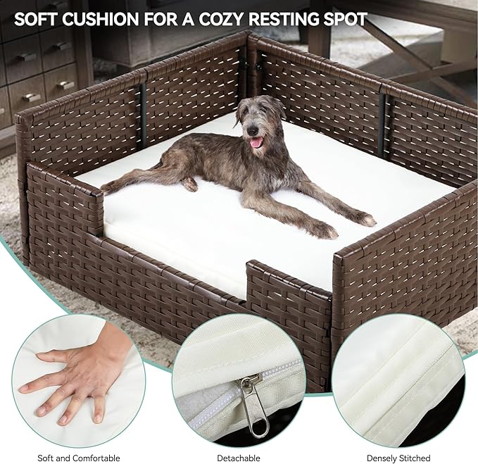 YITAHOME Rattan Dog Sofa Bed with Cushion,Wicker Pet Bed Sofa Couch Indoor Outdoor Waterproof for Large Medium Small Dogs Cats (38.6''L*26.4''W*15''H,Beige)