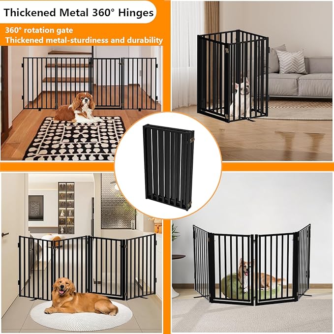 Free Standing Dog Gate with Door for Indoor Outdoor, Portable Dog Fence Foldable Design, Metal Black 32" Tall, Expandable 4 Panels Use for Front Door, Yard, Stairs