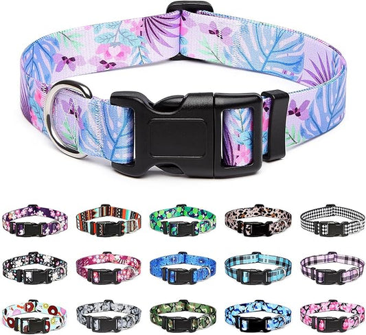 Mercano Adjustable Dog Collar - Special Design Patterns, Soft Nylon Comfortable Durable Pet Collar for Small Medium Large Dogs (S, Floral Purple)