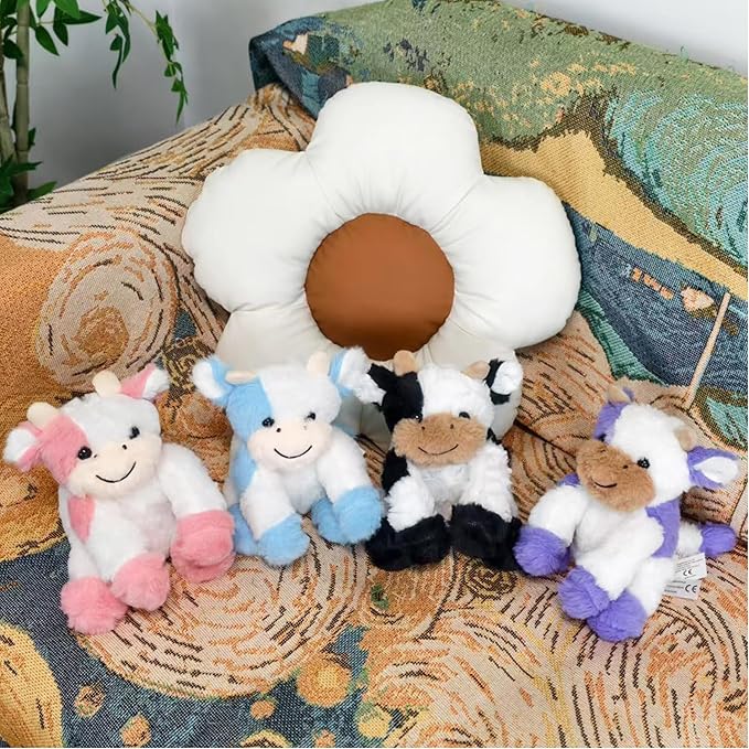 Pink and White Cow Weighted Stuffed Animal 20cm/7.87in Cute Sitting Cow Plush Toy with Smile Soft Fluffy Small Farm Plushie for Kids Adults Birthday Festival Gift Bed Home Office Decor Toys