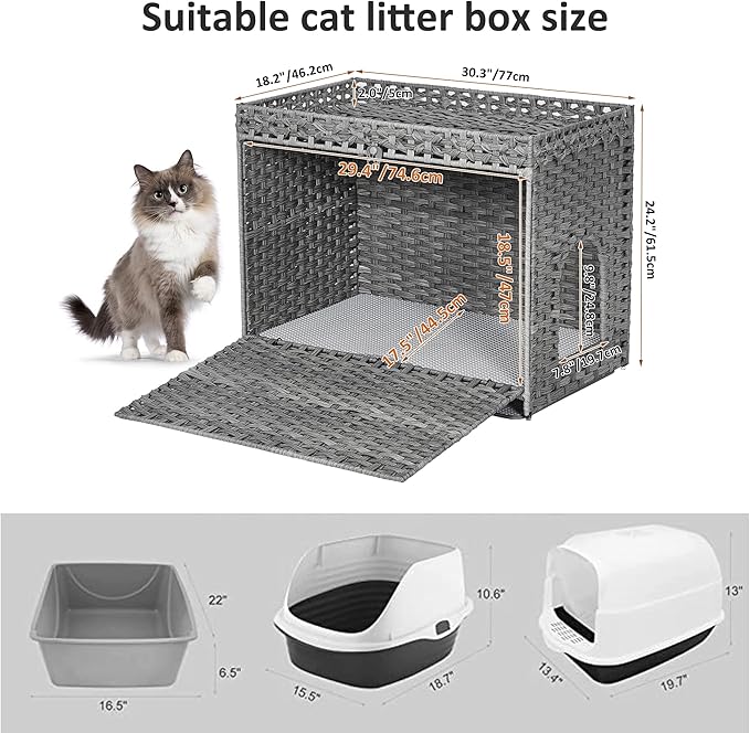 Cat Litter Box Enclosure with Soft Litter Mat; Hidden Kitten Washroom Furniture with Door; Handwoven Rattan Cat House with Large Space; Pet Crate for Living Room, Bedroom, Balcony (Grey)