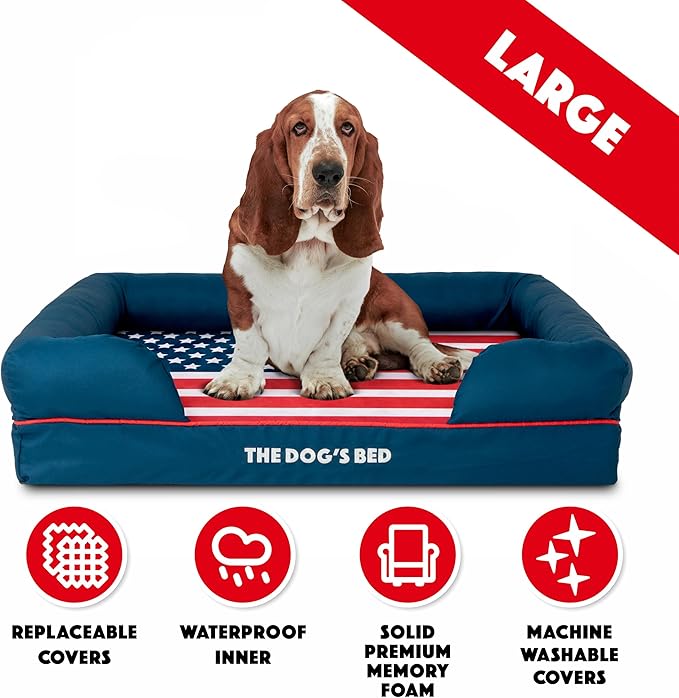The Dog’s Bed, Large Blue Oxford with Red Trim USA Flag Dog Bed with Central Flag 36x27 Memory Foam, Pain Relief: Arthritis, Post Surgery,Waterproof Washable Cover, Veterinary Approved