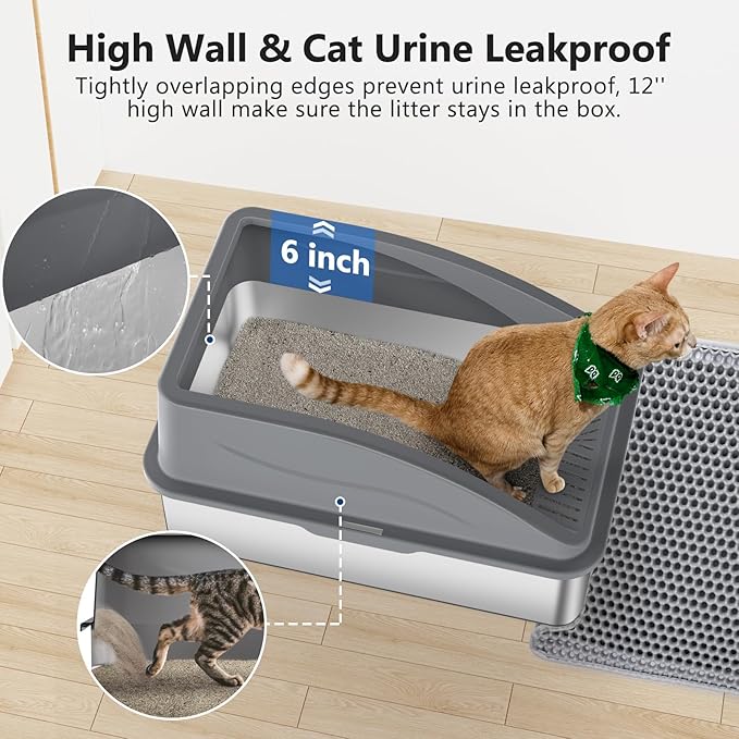 Stainless Steel Litter Box, Extra Large Litter Boxes for Big Cats, XL Metal Cat Litter Box with Lid, Anti-Urine Leakage, Non-Sticky, Include Cat Mat and Litter Scoop