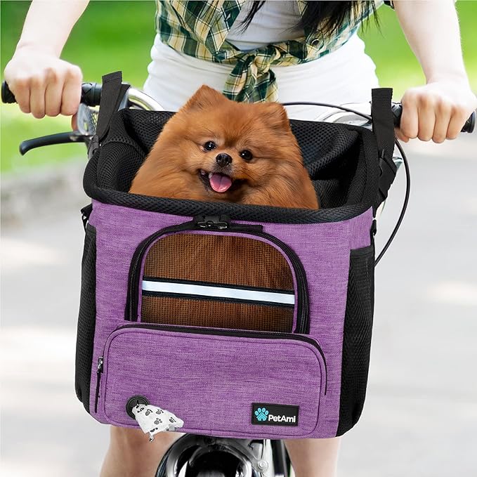 PetAmi Dog Bike Basket, Soft-Sided Ventilated Dog Bike Carrier Backpack, Pet Bicycle Basket for Bike Handlebar, Small Medium Puppy Cat Kitten Car Booster Seat with Safety Strap, Max 18 lbs, Purple
