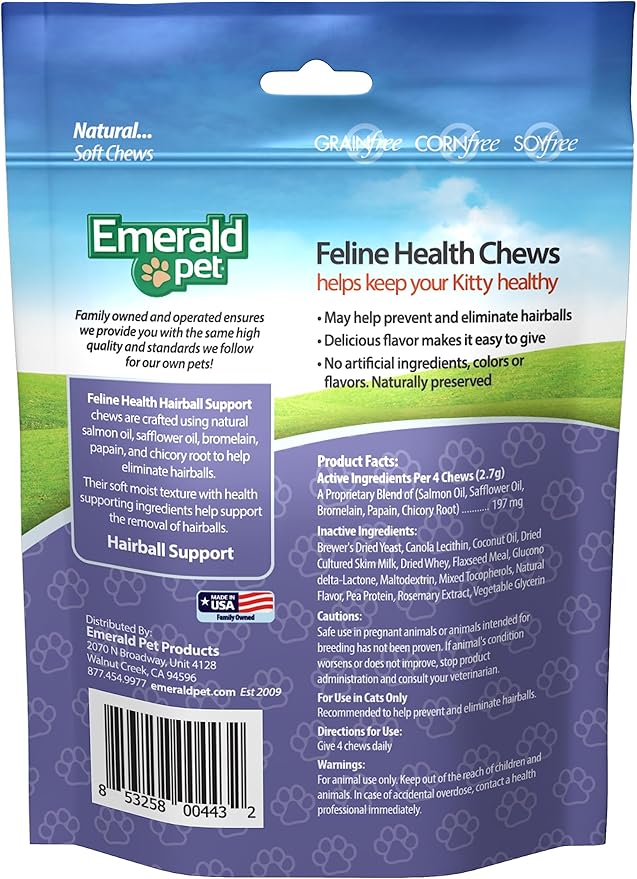 Emerald Pet Feline Health Chews Hairball Support — Natural Grain Free Feline Hairball Control Chews — Hairball Control Cat Supplements for Hairball Prevention and Elimination — Made in USA, 2.5 oz
